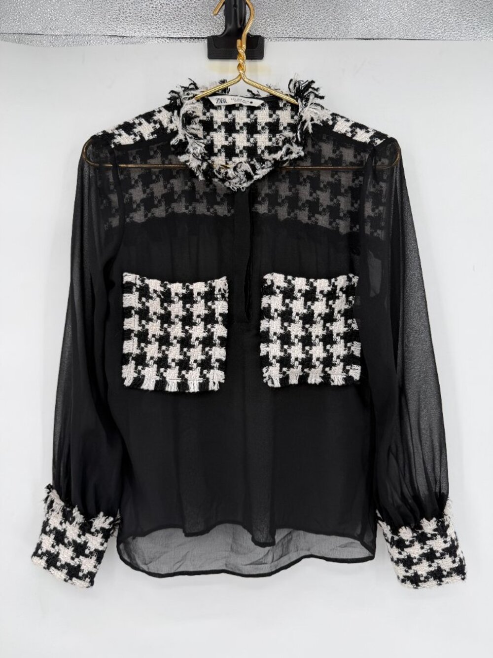 Zara Women’s S Black Sheer Chiffon Houndstooth Tweed Pocket Blouse Old Money